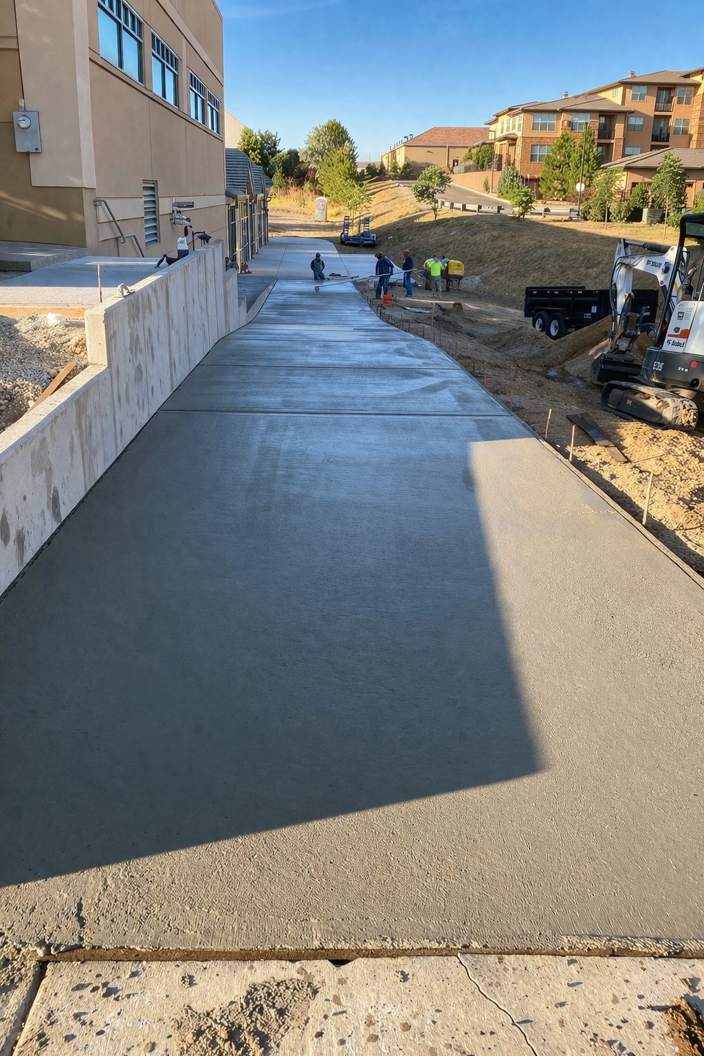 Compact excavator and crew grading a site ahead of a concrete pour